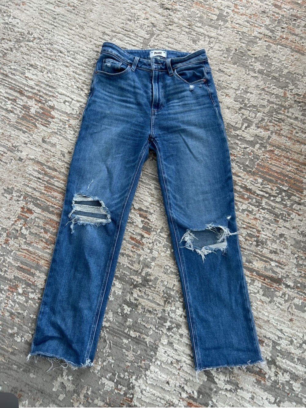 PAIGE Blue Distressed Straight-Leg Jeans - Picture 2 of 7